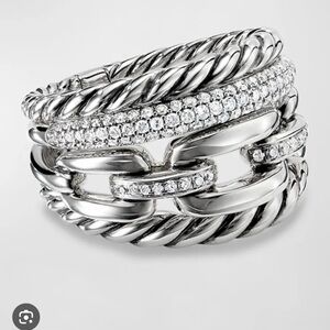 David Yurman 925 Silver with pave diamonds Wellesley four row Ring - size 8